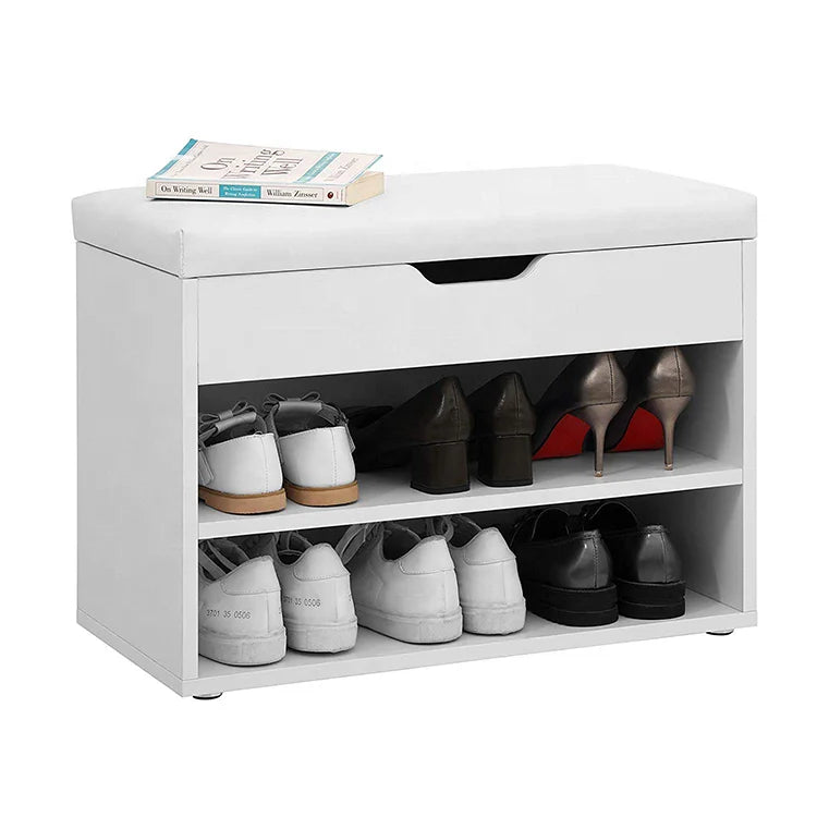 Modern Three-Layer Wooden Shoe Bench Rack with Open-top Organizer and Leather Cushion 61x30x44.5CM for Living Room Entryway