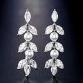 Huitan OEM Exquisite Leaf Design Marquise Cut Zircon Pearl Long Hanging Earring for Women Wedding Silver Plated CZ Drop Earrings