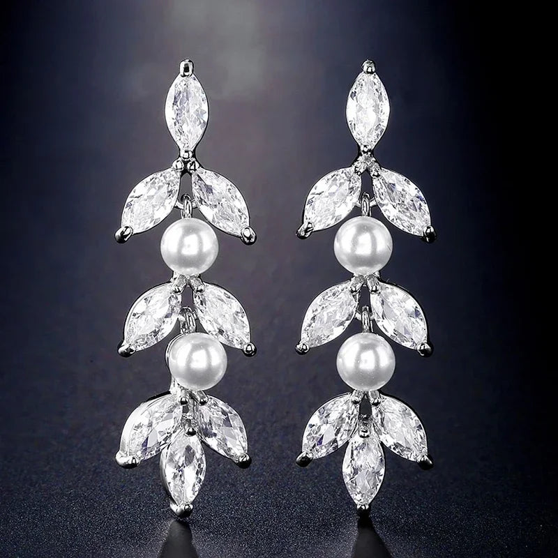 Huitan OEM Exquisite Leaf Design Marquise Cut Zircon Pearl Long Hanging Earring for Women Wedding Silver Plated CZ Drop Earrings