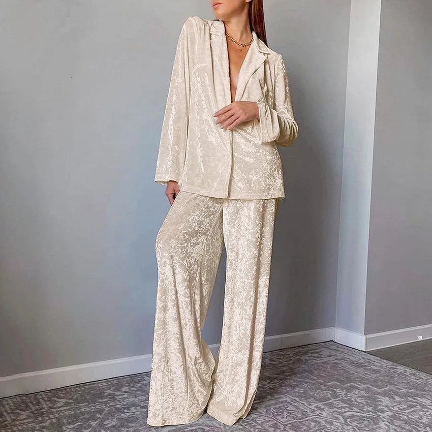 Long Sleeve Women Sets Lapel Nightwear Single Breasted Home Suit Women's Pajamas Knitting Trouser Suits Velvet Sleepwear