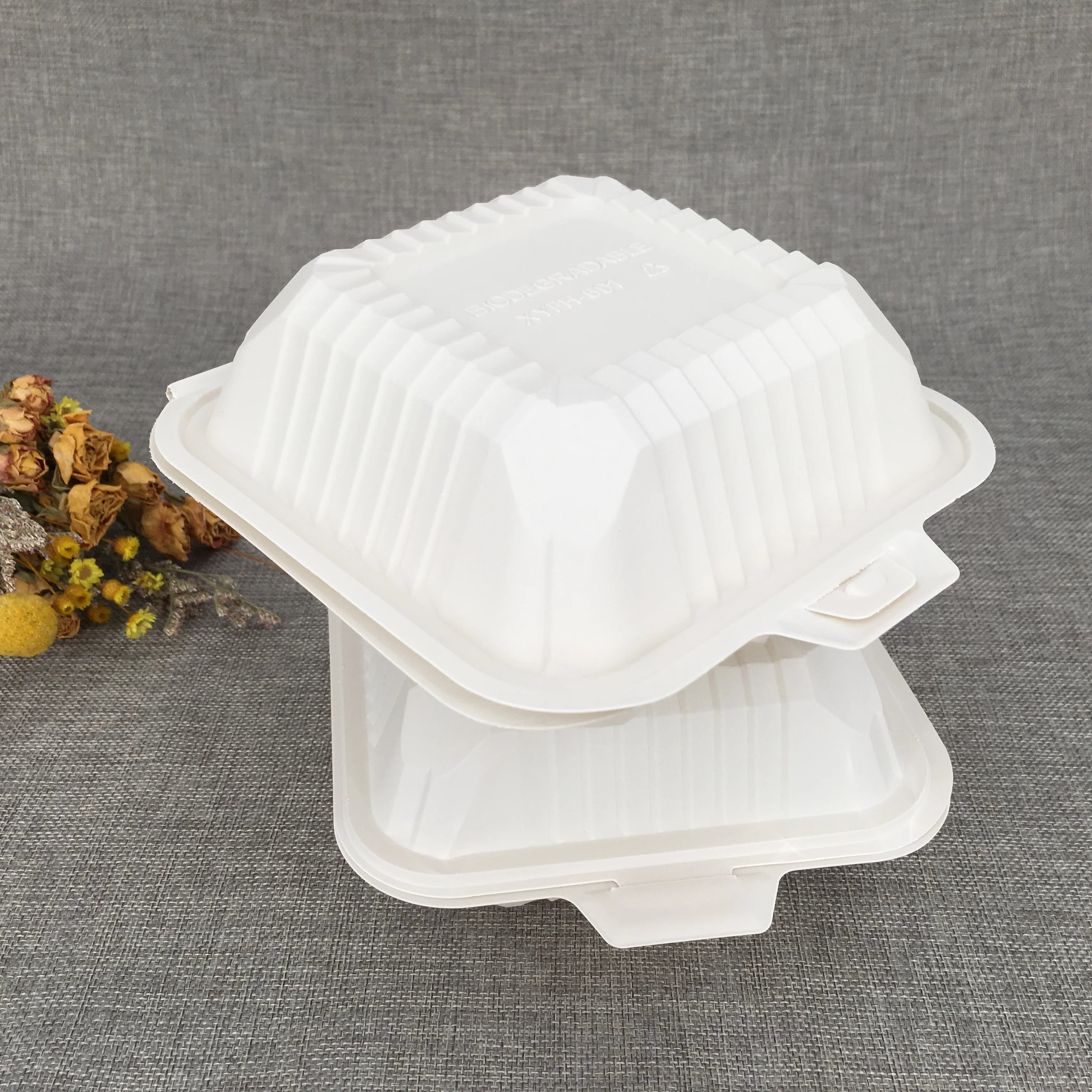White Color 6*6 Inch Corn Starch Clamshell Biodegradable Cornstarch Food Container