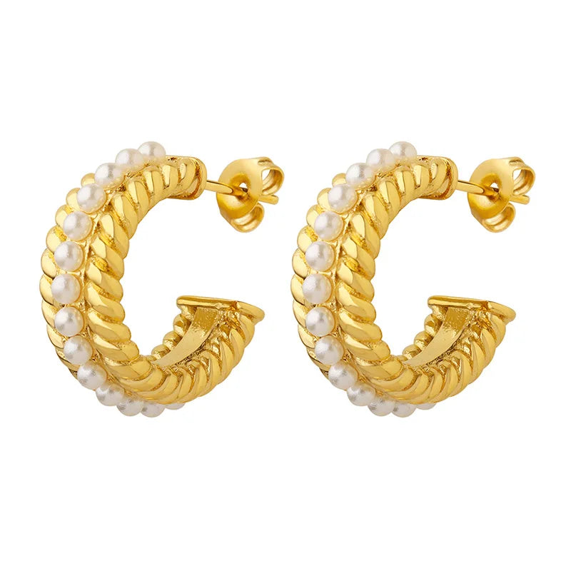 Vintage French Style Hypoallergenic Stainless Steel 18K Gold Plated CC Earring Twist Inlay Pearl Stud Earrings YF3339