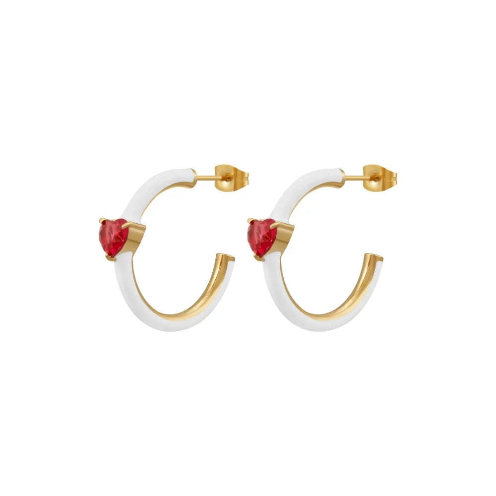 18K Gold Plated Stainless Steel Jewelry Green White Epoxy Colored Heart Zircon Hoop Earring for Women Earrings E231512
