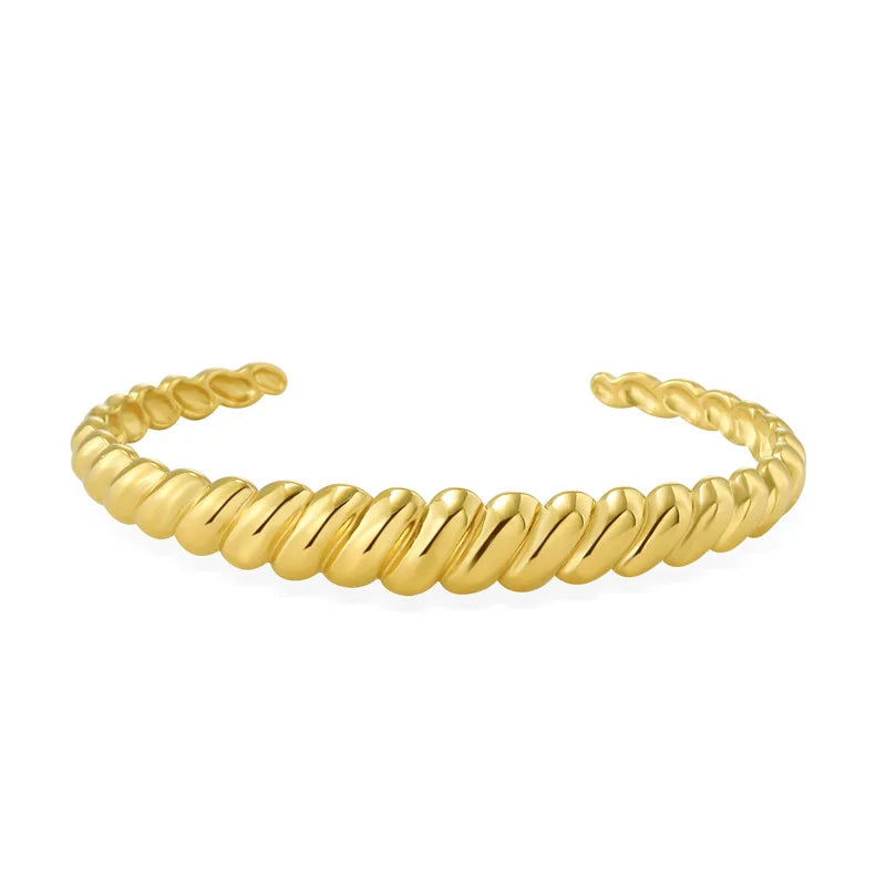 New Fashion C Shape Cuff Stainless Steel Pattern 18k Gold Plated Twist Croissant Opening Bangle Bracelet for Women