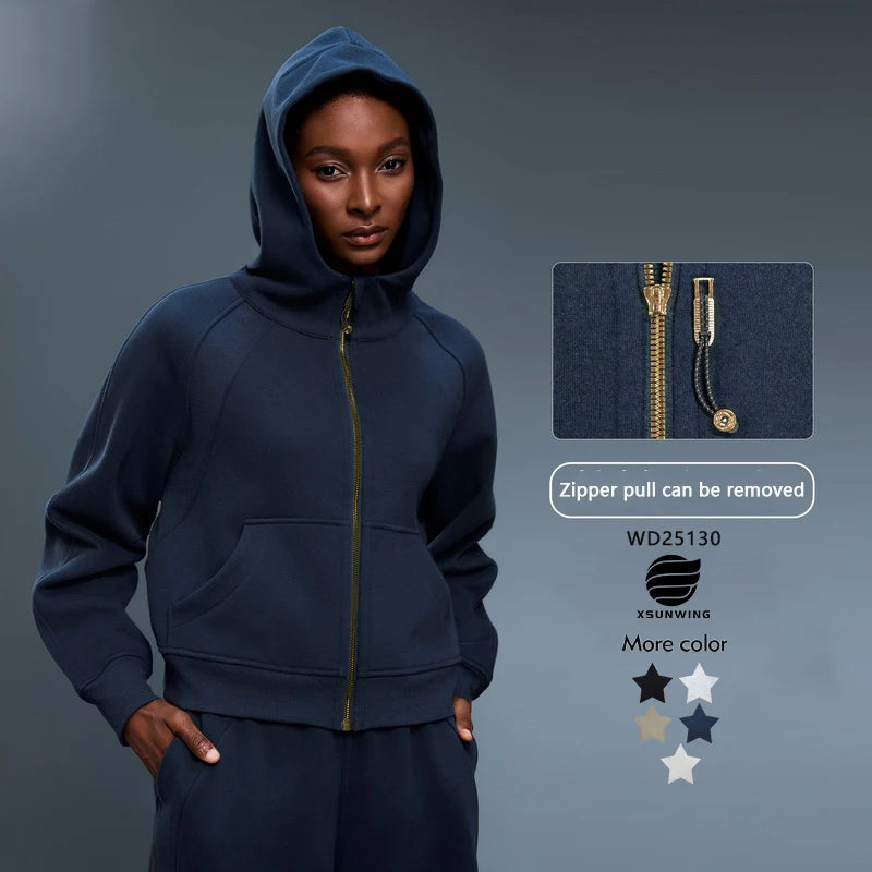 Xsunwing Fall Winter Women Hoodie Jackets Cotton Workout Clothes Sportswear Running Pullover Hoodies Fleece Yoga Tops WD25130