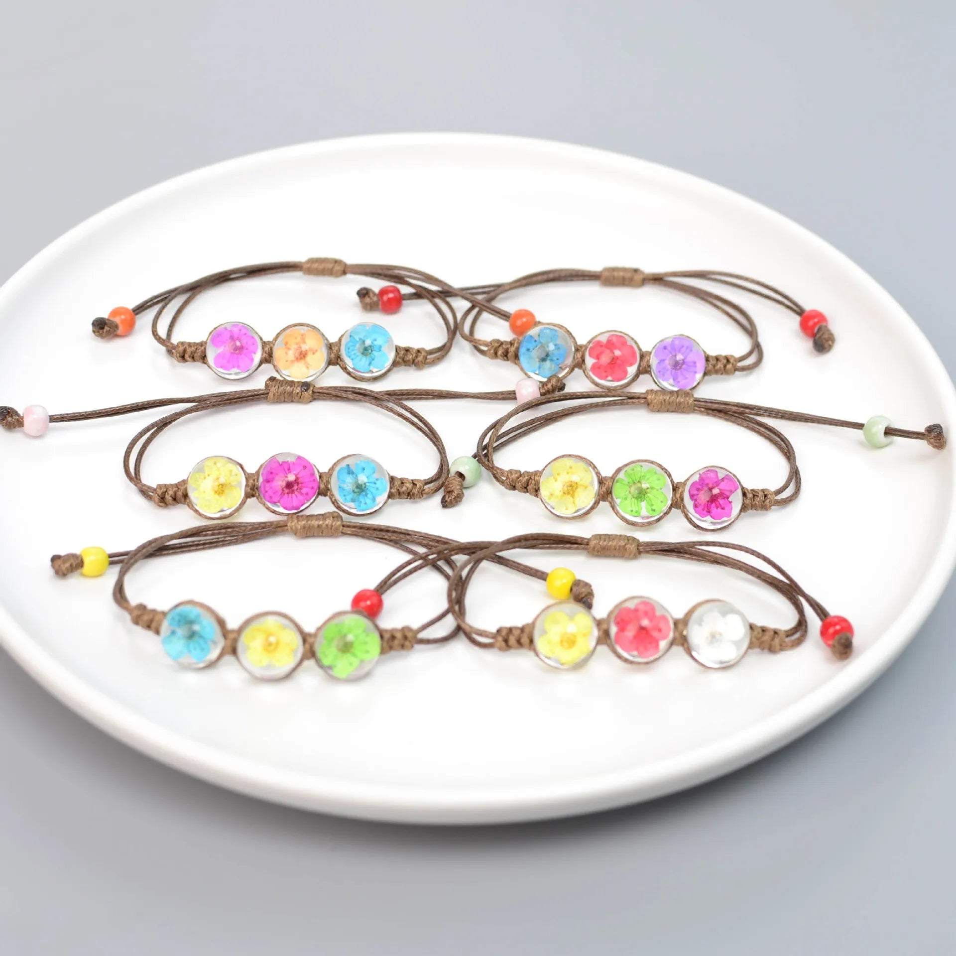 Wholesale Dry Pressed Flowers Cherry Blossom Gemstone Glass Charms Rope Strand Lucky Flower Bracelet