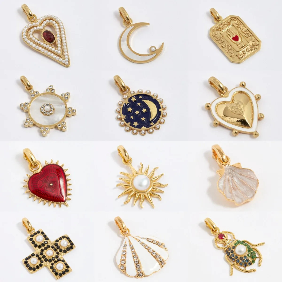 New Trendy Pearl Sun Moon Shape Pendant Light Luxury Gold Plated Zircon Love Heart Cross Insect Charms for Women