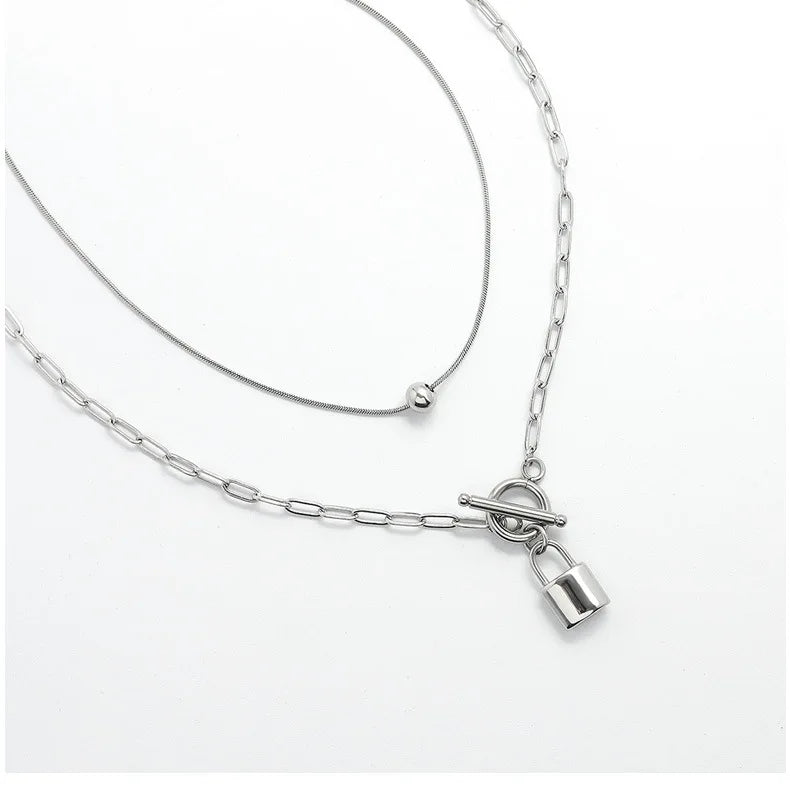 18k Gold Plating Stainless Steel Lucky Ball 2 Layers Big Link Chain Padlock Necklaces Set for Girl