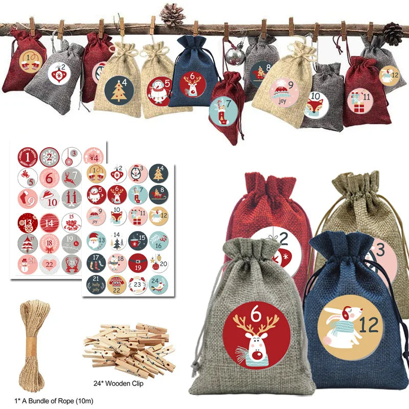 JL-172 Christmas Advent Calendar Bags 24 Days Countdown Burlap Drawstring Gift Bag