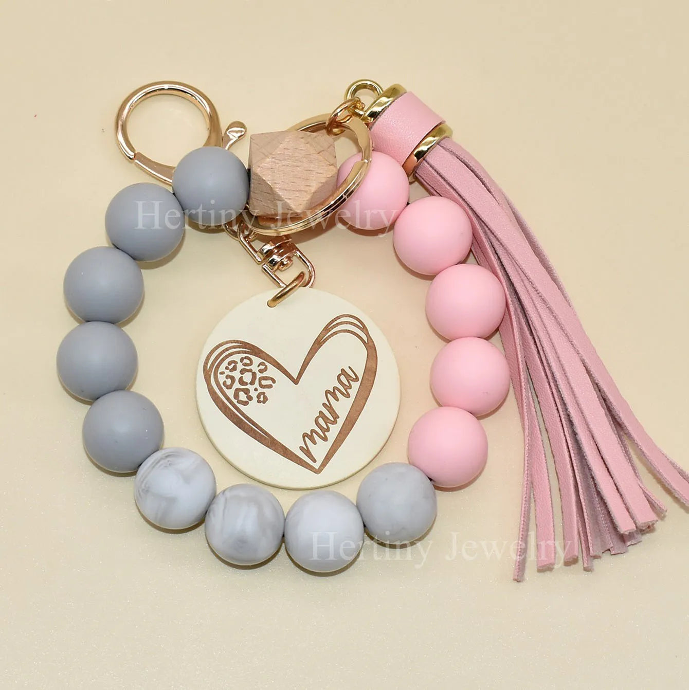 Fashion Heart Print Disc Silicone Bead Wristlet MAMA Bracelet Keychain Customised