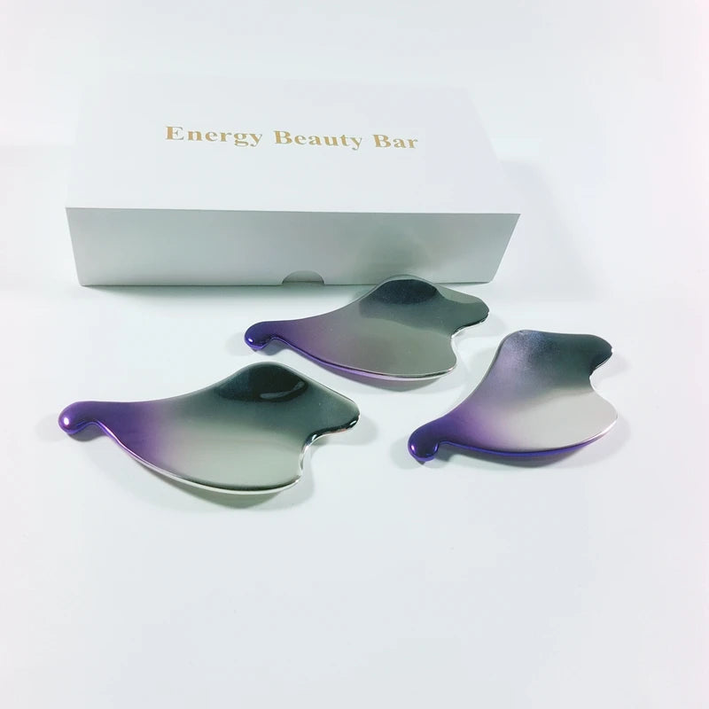 Custom stainless Steel Metal Guasha Mini Facial Massage Face Sculpting Tool Gua Sha Scraper with Roller