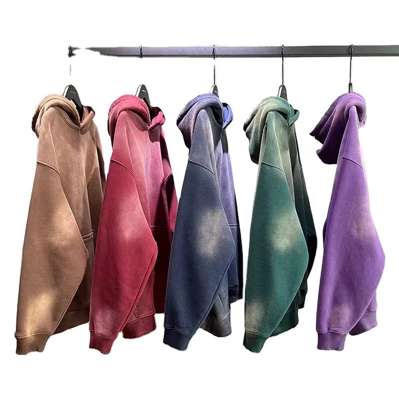 380gsm High Quality Casual Oversized Hoodie Vintage Loose Hoodie Washed Gradient Thickened Polar Fleece Basic Hoodie for Man