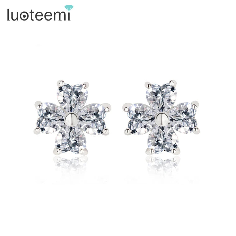 LUOTEEMI Jewelry Factory JINSE Brand Wholesale AAA Heart Shape Zircon Diamond Lovely Four Leaf Clover Stud Earrings