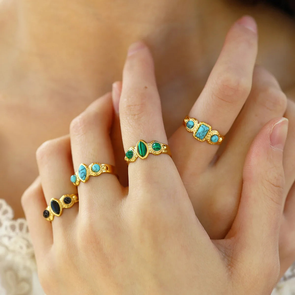 New Design Vintage Style Stainless Steel Natural Stone 18K PVD Gold Plated Ring Set Jewelry 2025 Trendy