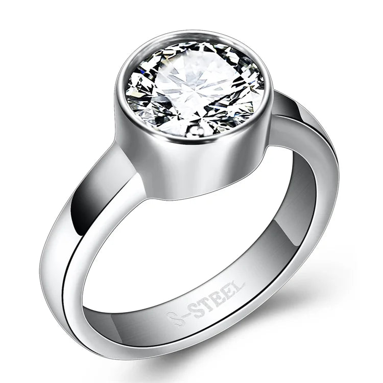 Elegant Round Single Zircon Stainless Steel Diamond Ring Stainless Steel Couple Ring