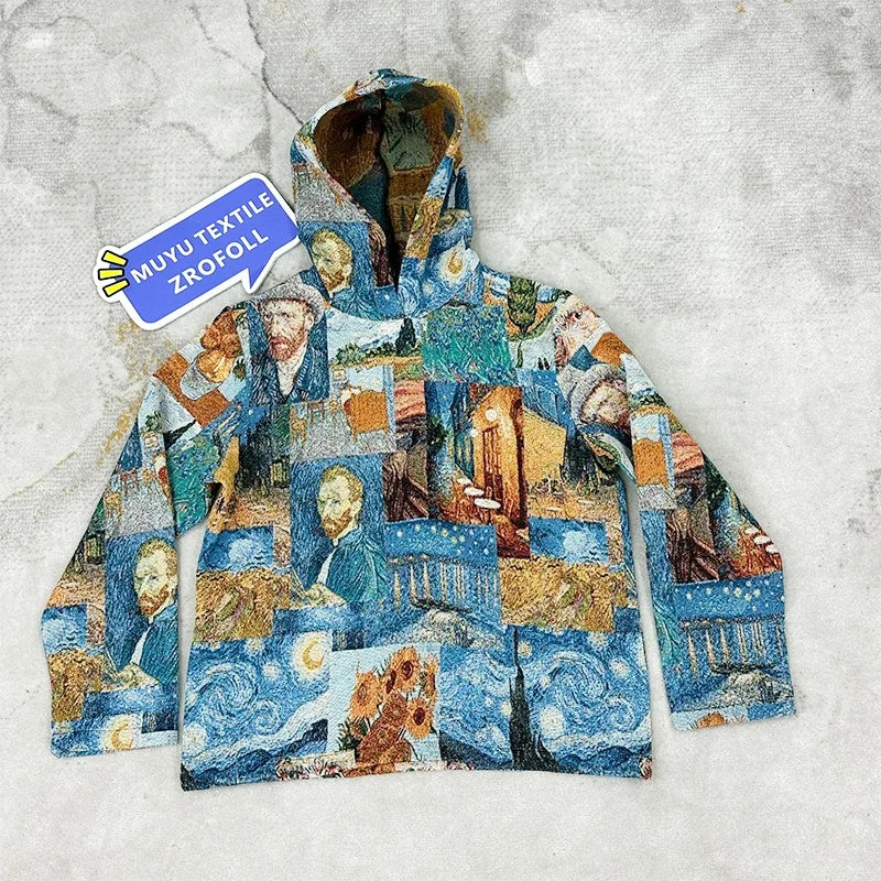 Customizable Men's Winter Van Gogh Design Eco-Friendly Polyester/Cotton Pullover Hoodie Hooded Collar Low MOQ Tapestry Design