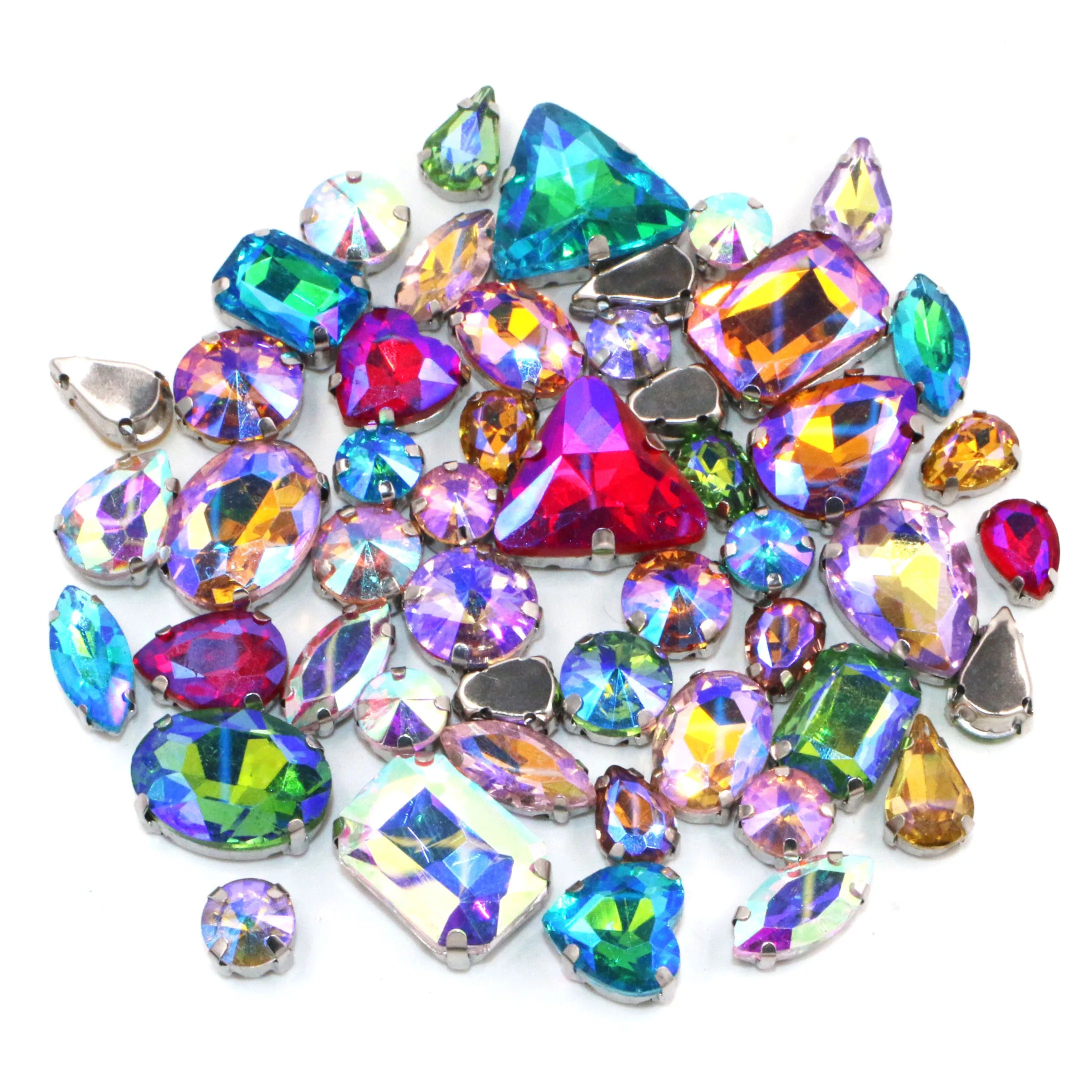 AB Mixed Colors and Shapes 3D Crystal Sew-on Rhinestones with Silver Setting Loose Glass Rhinestones for Garment