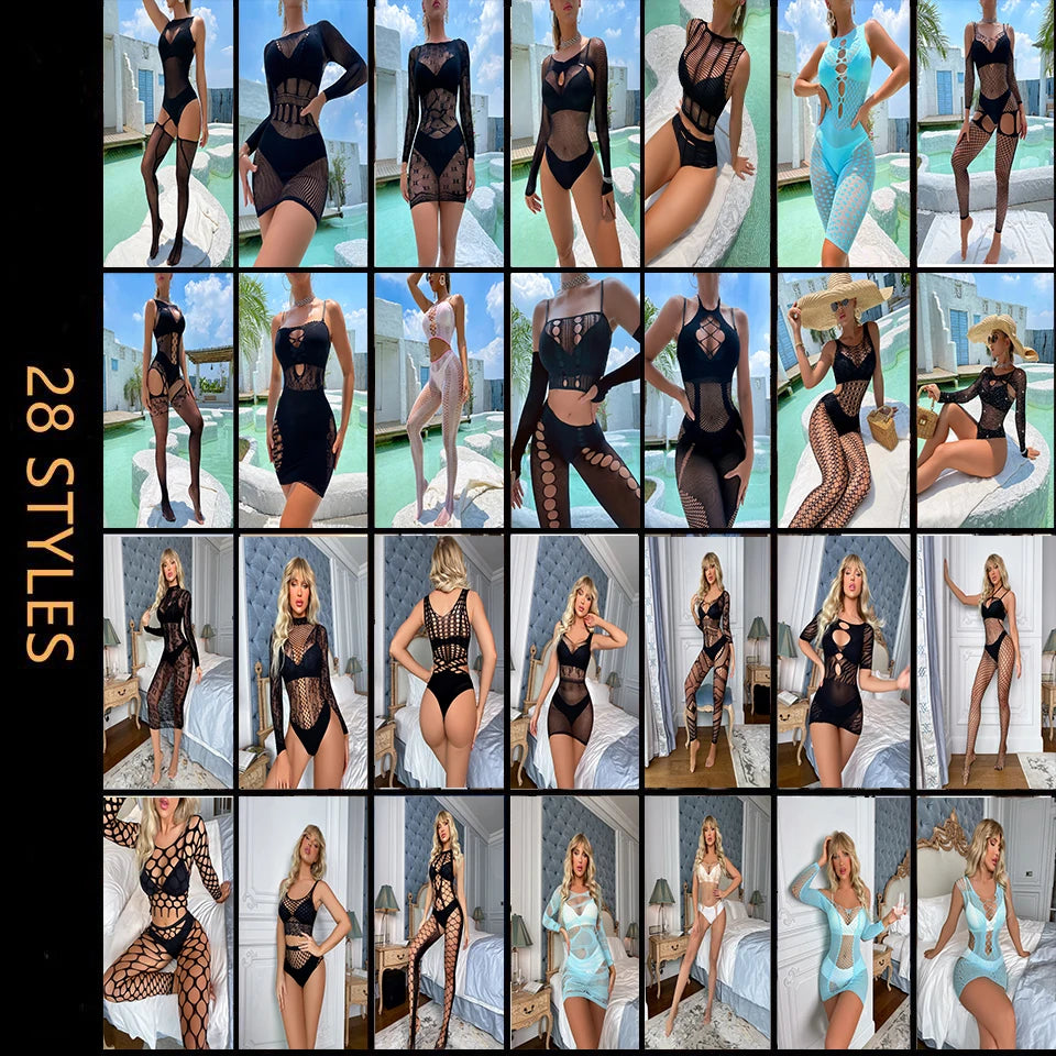 Designer Fishnet Bodysuit Seamless Nylonn Hollow Out Fishnet Women Net Lingerie Lace Bodystocking Sexy Bodycon Dress