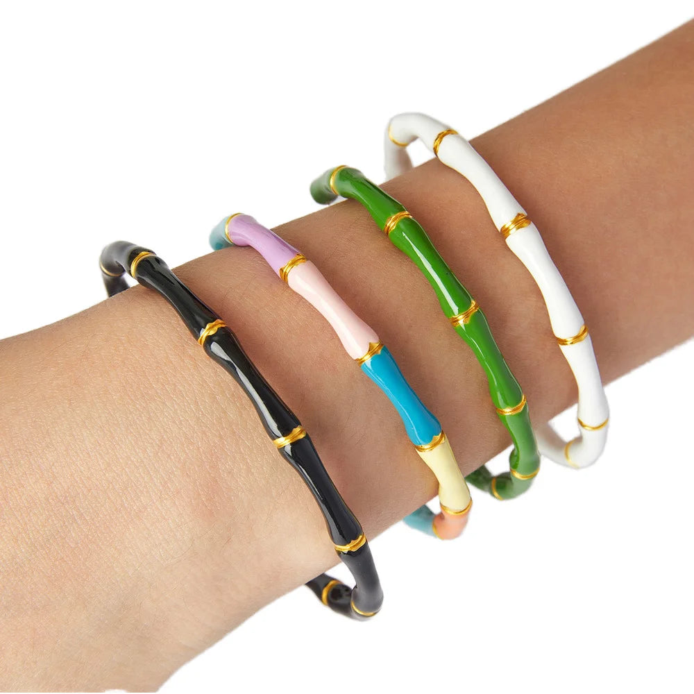 Wholesale 18K Gold Plated Stainless Steel Bamboo Bangles Waterproof Colored Glazed Trendy Fashion Bangles for Women
