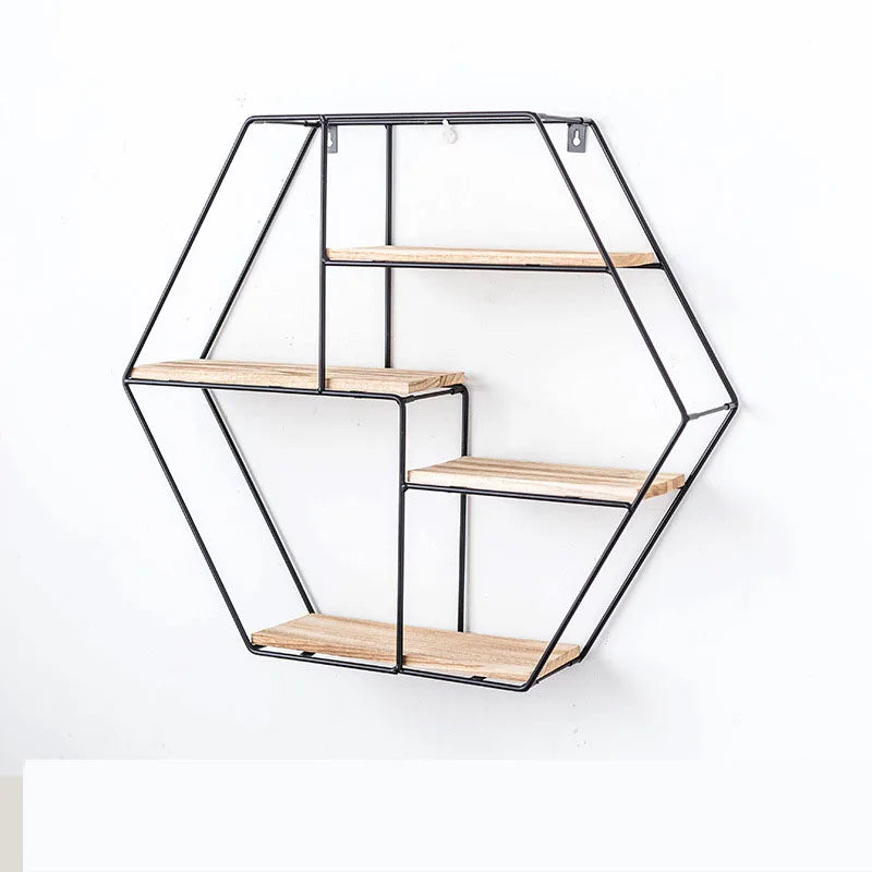Free Samples of 4-layer Hexagonal Metal and Wooden Wall Shelves to Decorate Wall-mounted Racks in