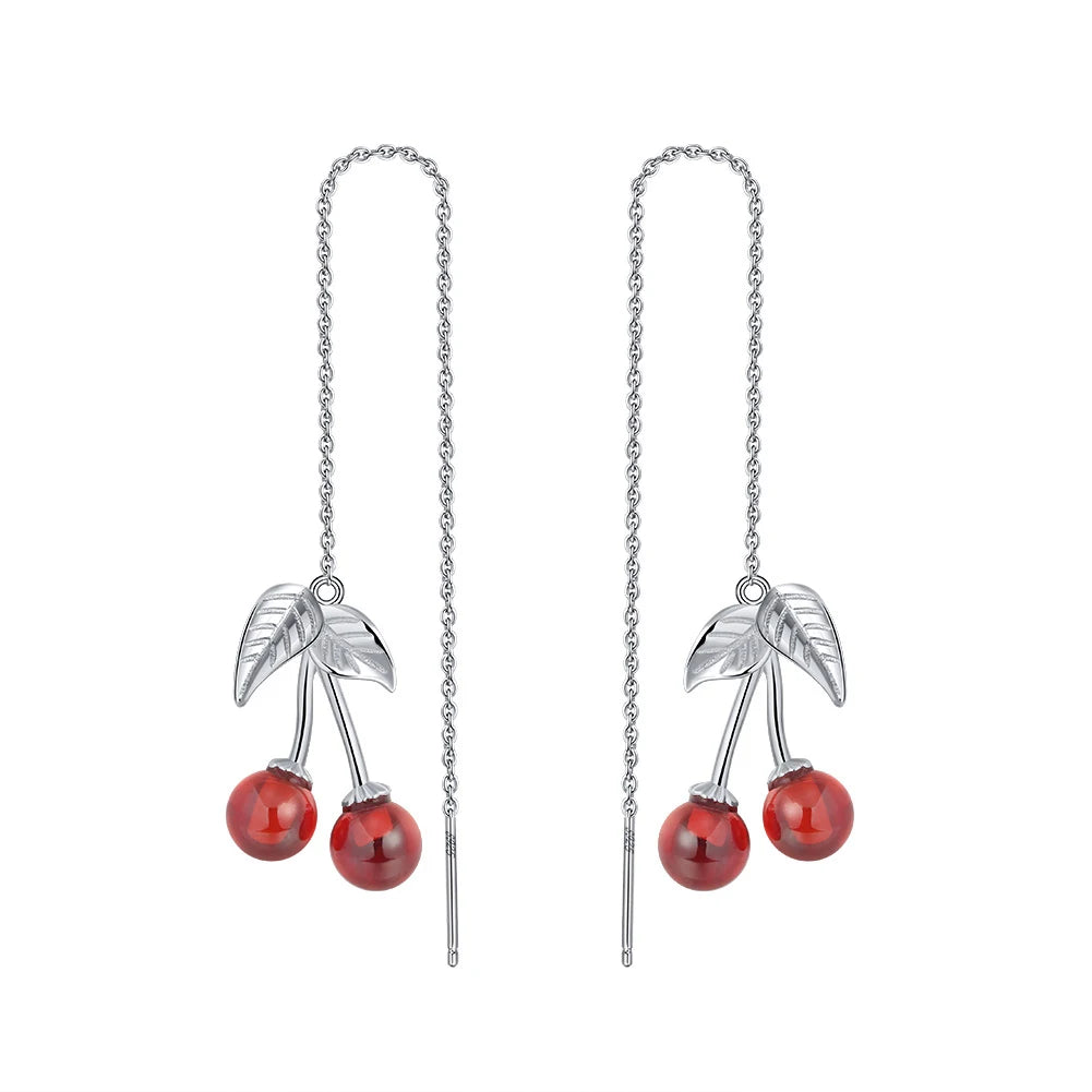 RINNTIN SE100 Cute Cherry Earrings 925 Sterling Silver Red Garnet Long Chain Earrings for Women Girls