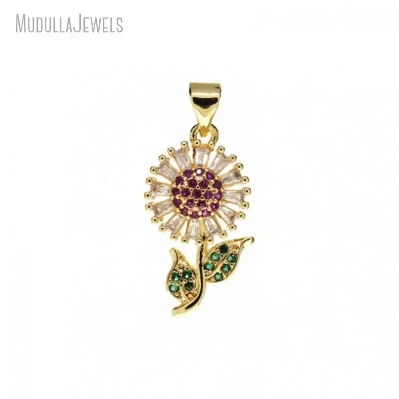 Wholesale Copper Jewelry Cubic Zirconia Sunflower Flower Croc Charms Pendant for Necklace DIY Making Women Accessories