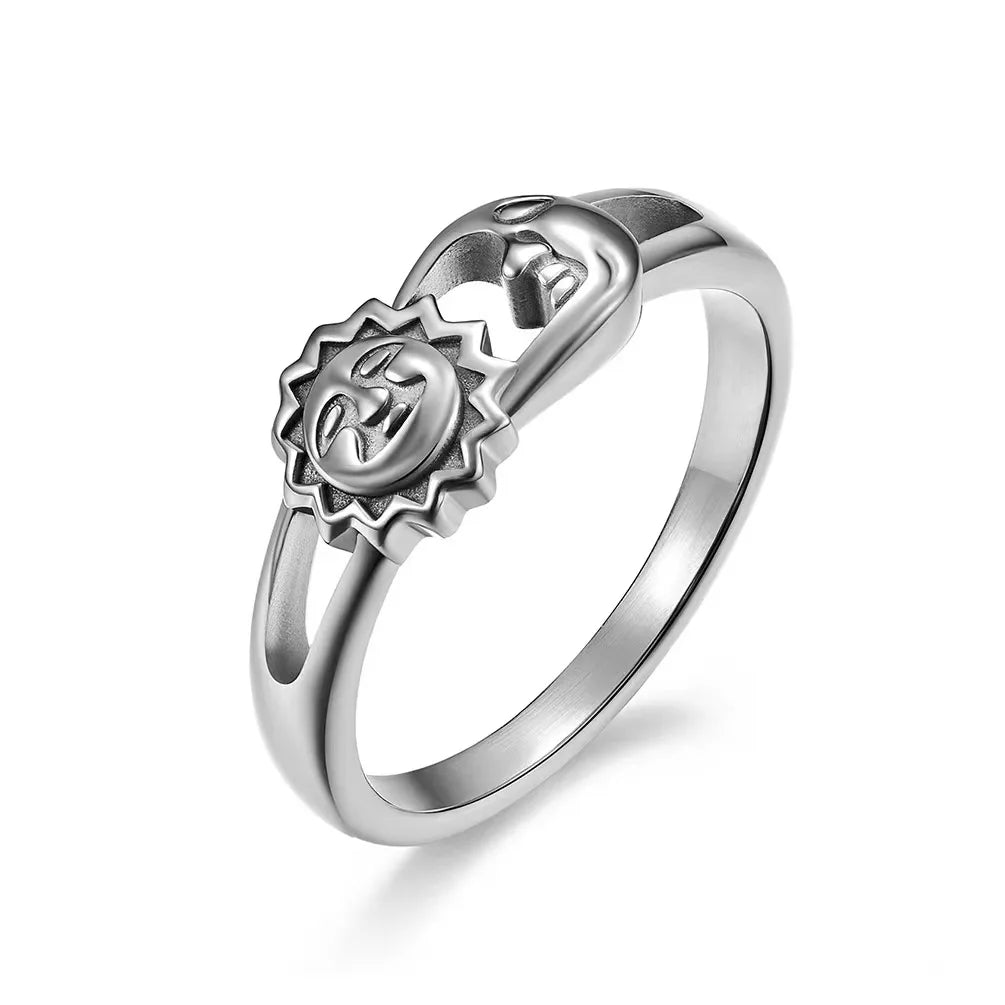 Silver Sun and Moon Smile Face Rings Couple Stainless Steel Ring 18K Gold Plated No Rust for Women Fashion Jewelry Factory Sale