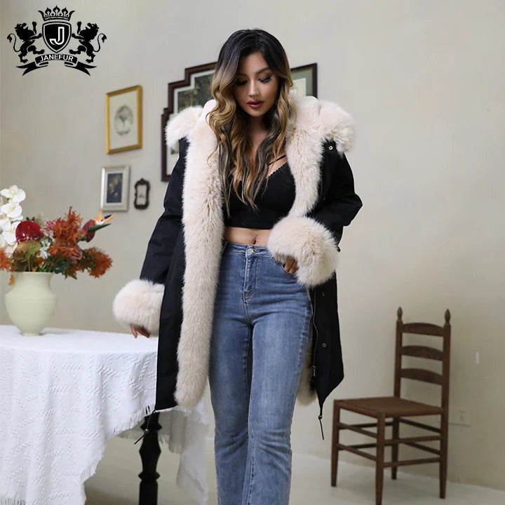 Ladies Warm Long Parka Coat Faux Fox Fur Collar Hooded Quilted Jacket Slim Winter Parka Outwear