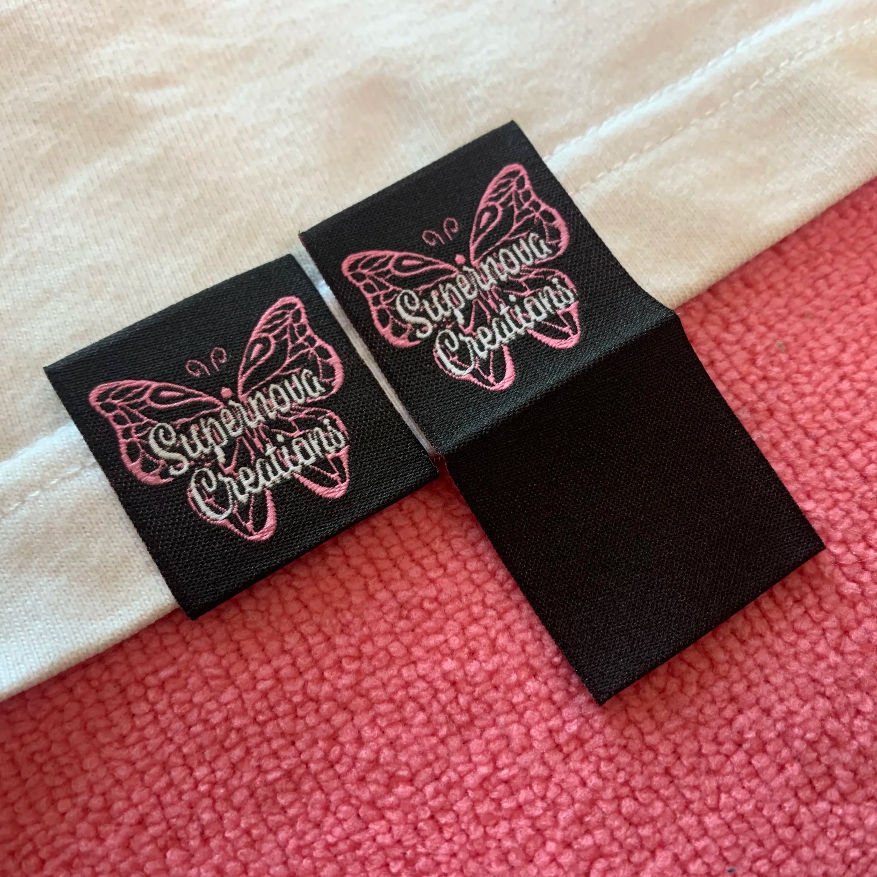 butterfly logo Book Cover Fold Garment Hem Labelbrand logo Outside Clothing Hem Tags for Shirt