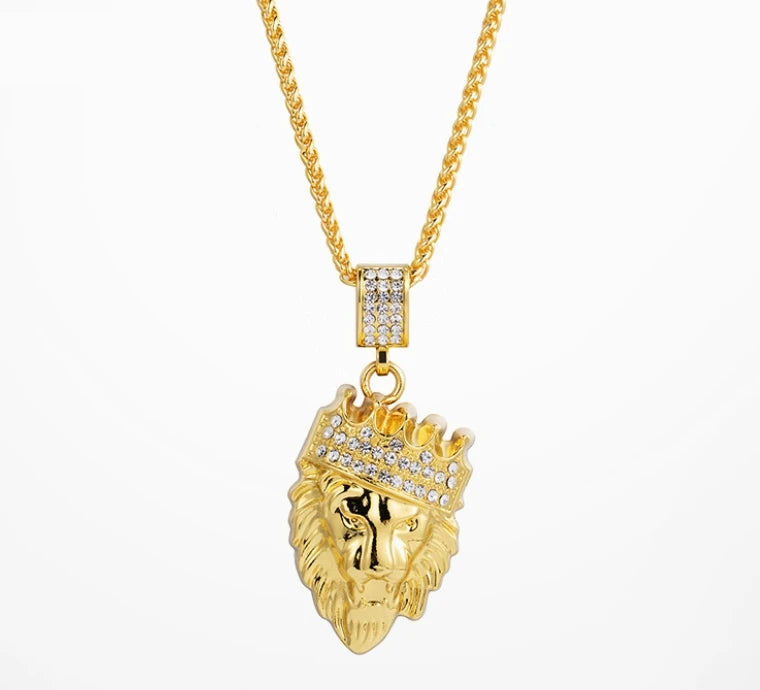 NEW Hip Hop Jewelry Iced Out Clear Rhinestones Curb Cuban Chain Crown Lion Head Pendant Necklace Gold Zinc Alloy for Men Women