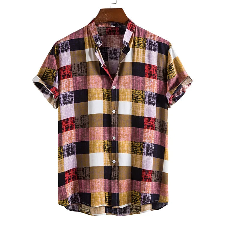 New Men's Fashion Trend Color Plaid Check Printed Stand Collar Short-sleeved Shirt Summer Hot Casual Shirt