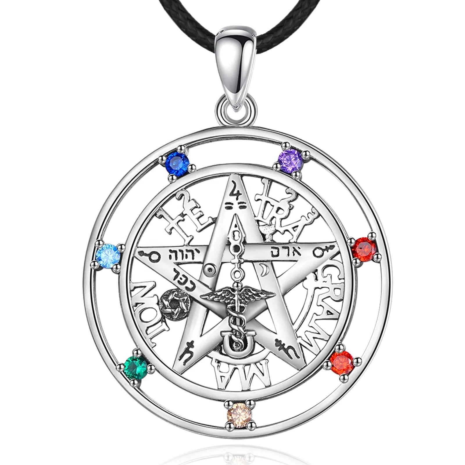 Men's Fashion 925 Sterling Silver Tetragrammaton Pentagram Pendant Necklace 7 Chakra Stones Colorful Cubic Zirconia Main Zircon