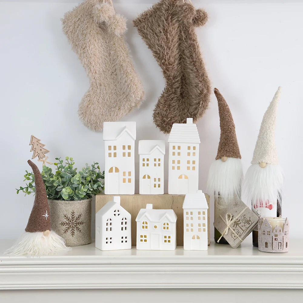 LED Light Tabletop Hand Carved Porcelain Figures Home Gnome Decoration Ceramic Light House