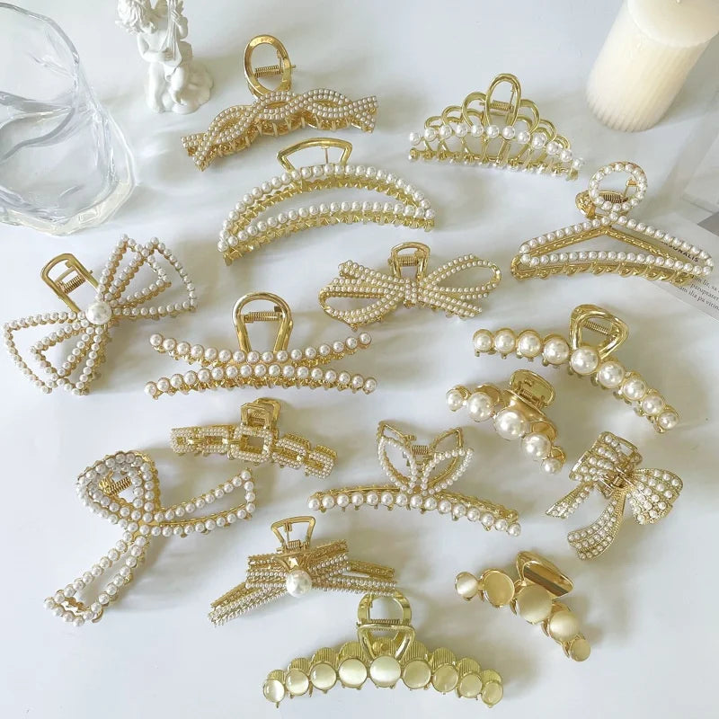 Low MOQ Luxury Large Pearl Hair Clip Woman Fashion Gold Metal Alloy Claw Clips Daily 18 Colors Wholesale Custom