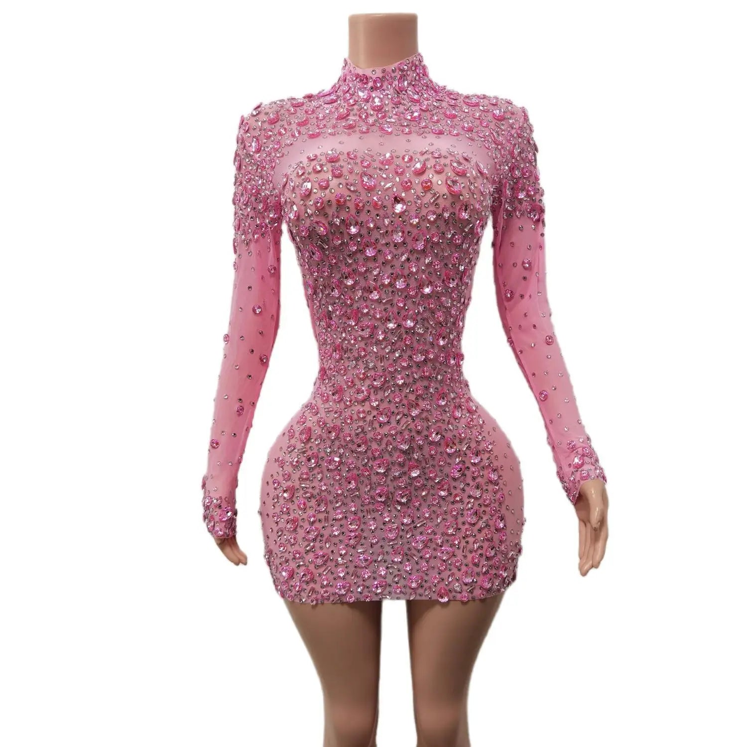 Sexy Rhinestone Crystal Birthday Banquet Sheath Dress Women Cocktail Evening Dress Ladies See Through Mini Club Party Dress