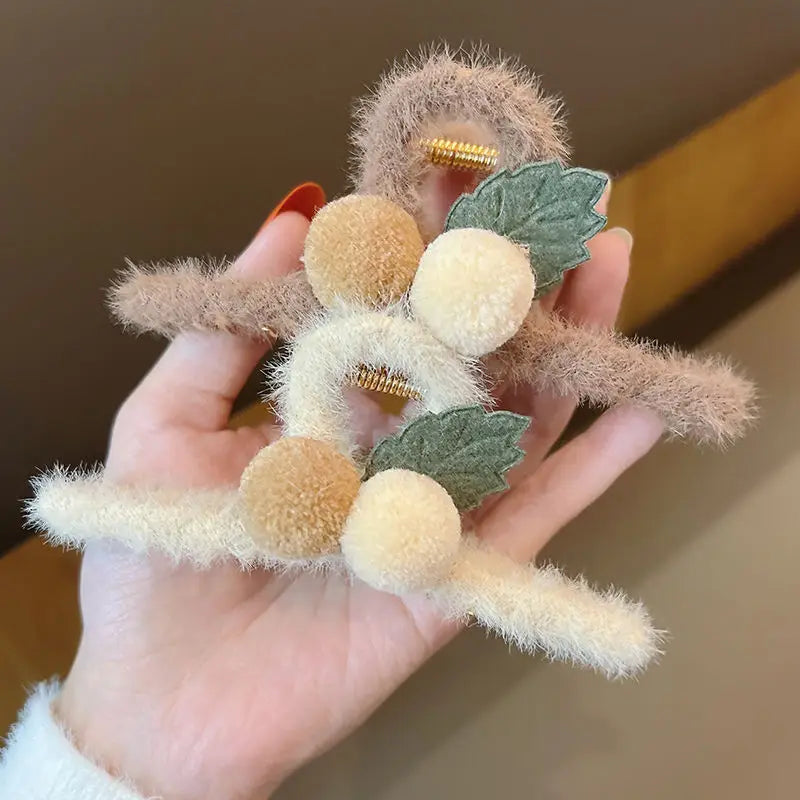2022 Autumn and Winter Plush Cherry Clip Elegant Temperament Women Accessories Hair Shark Clip Ponytail  Plush Cherry Hair Claw