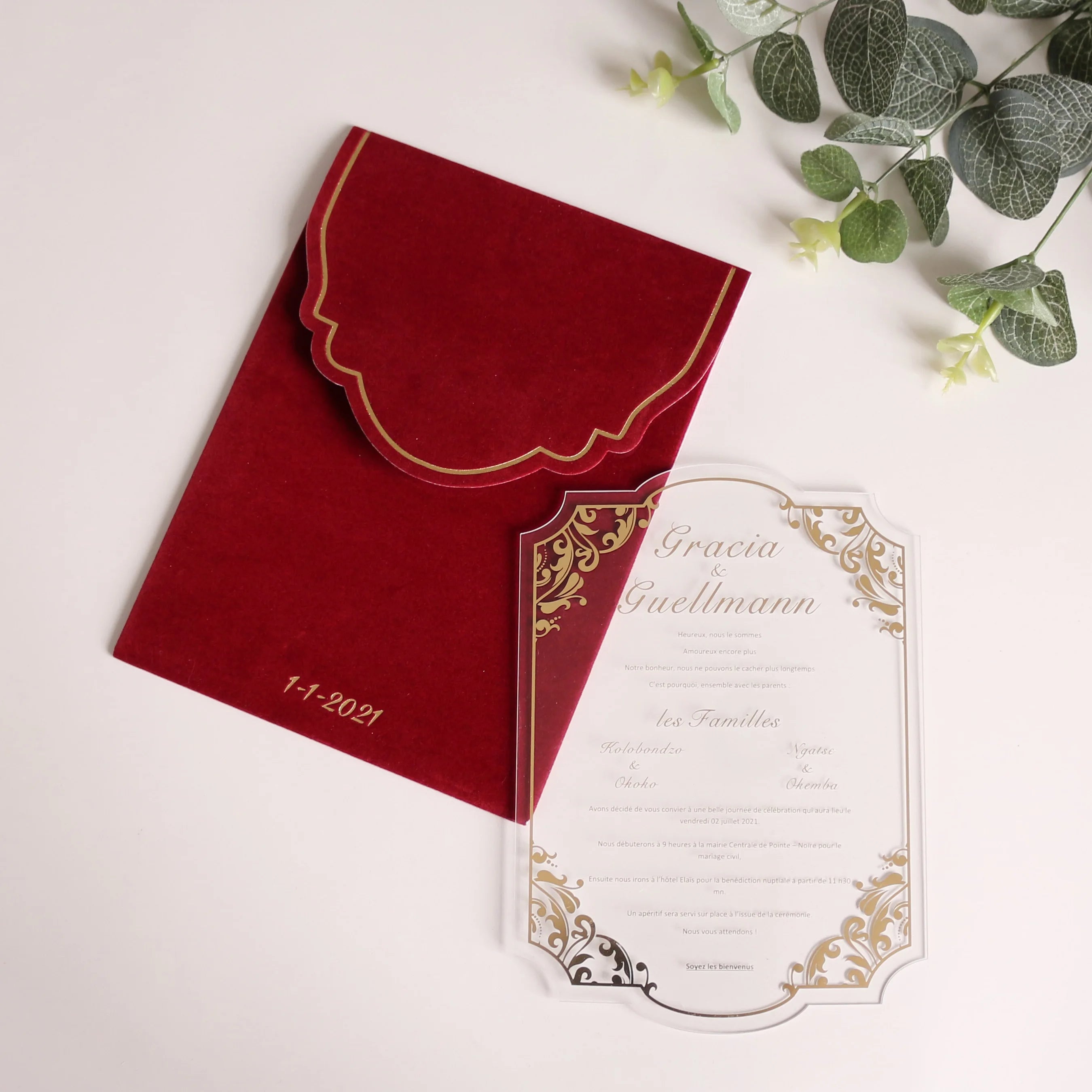 Burgundy Velvet Envelope Wedding Card clear Acrylic Invitations