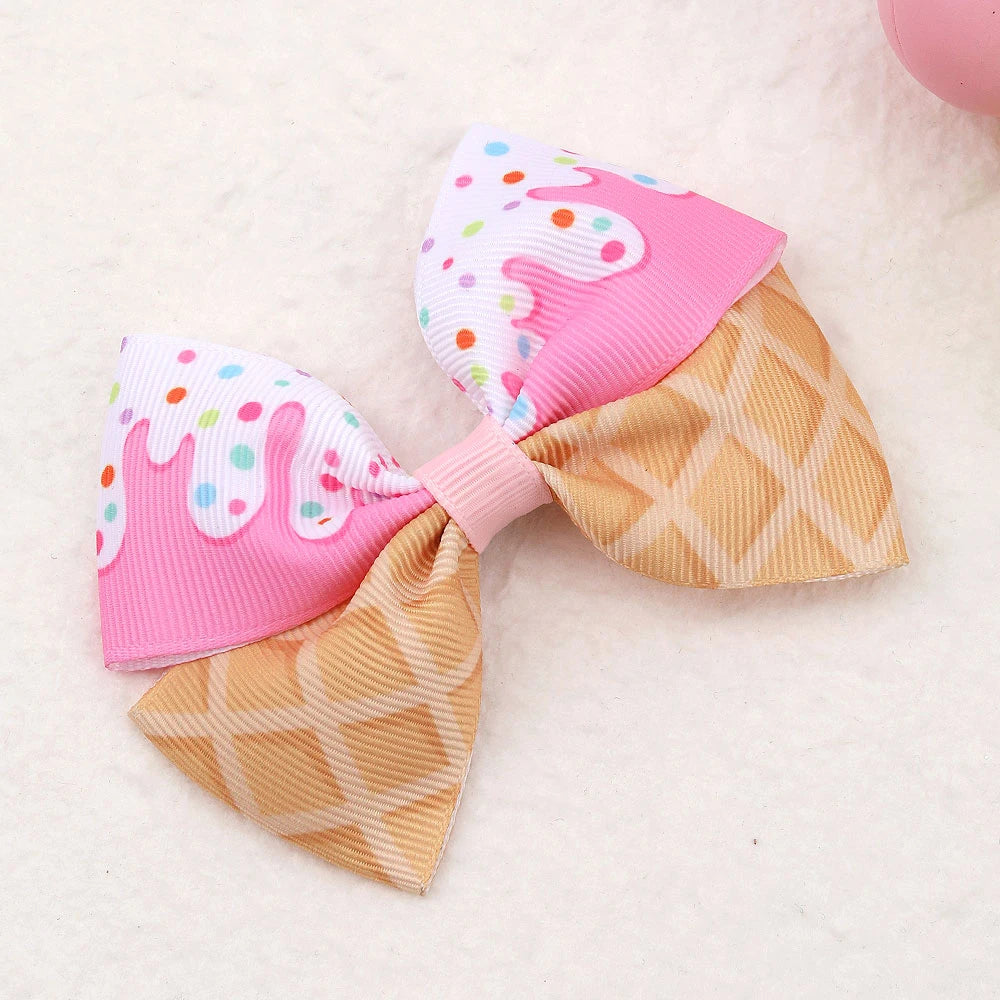 CN Ice Cream Bow Hair Clip Colorful Dessert Ribbon With Alligator Clip Sweet Summer Hair Accessories for Girls