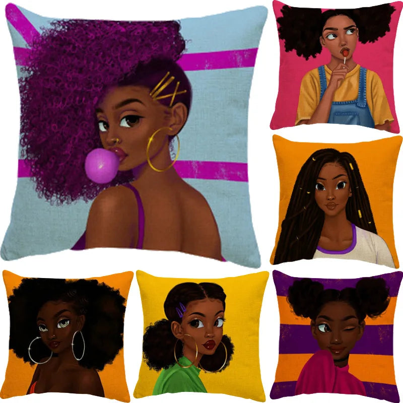 Custom Printed Woven Linen Look African Modern Portrait Character Print Pillowcase Cushion Cover with Zipper for Home Hotel Use