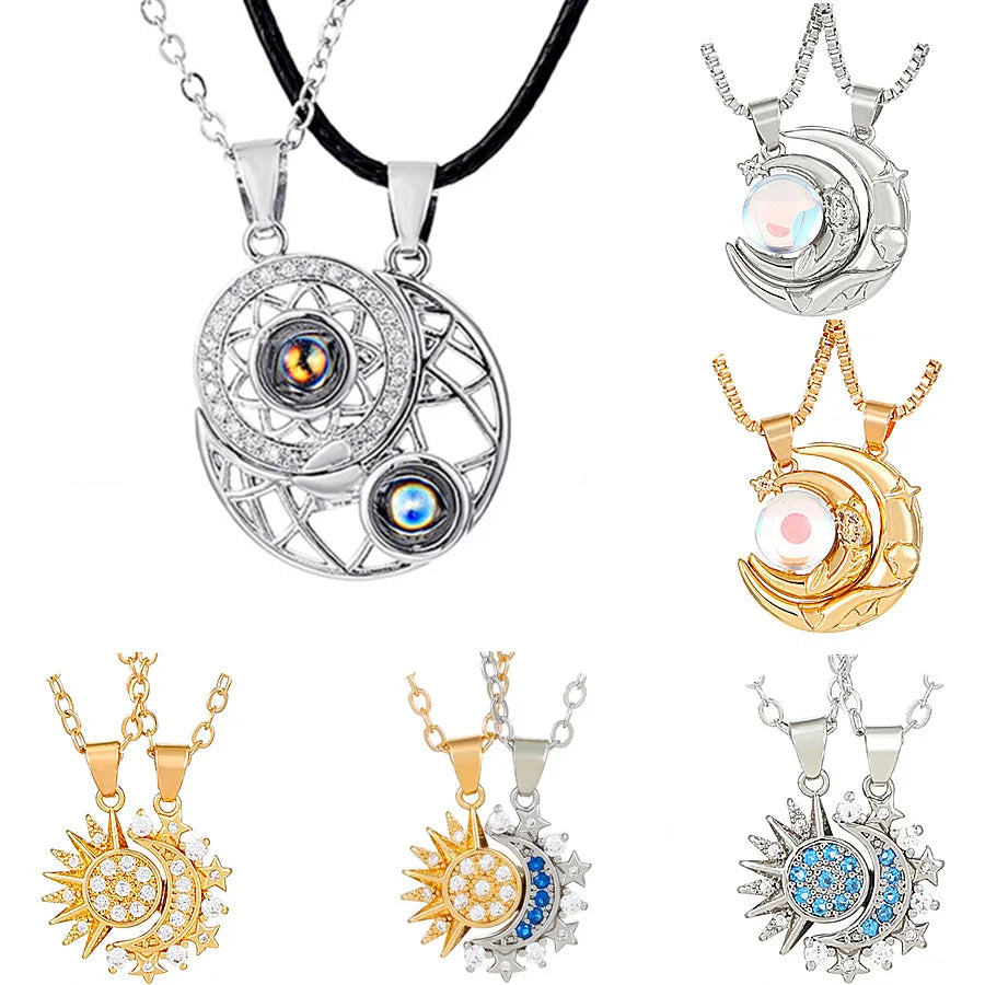 Couple Matching Jewelry Sun and Moon Necklace Copper Full Zircon Moon Magnetic Couples Matching Necklaces