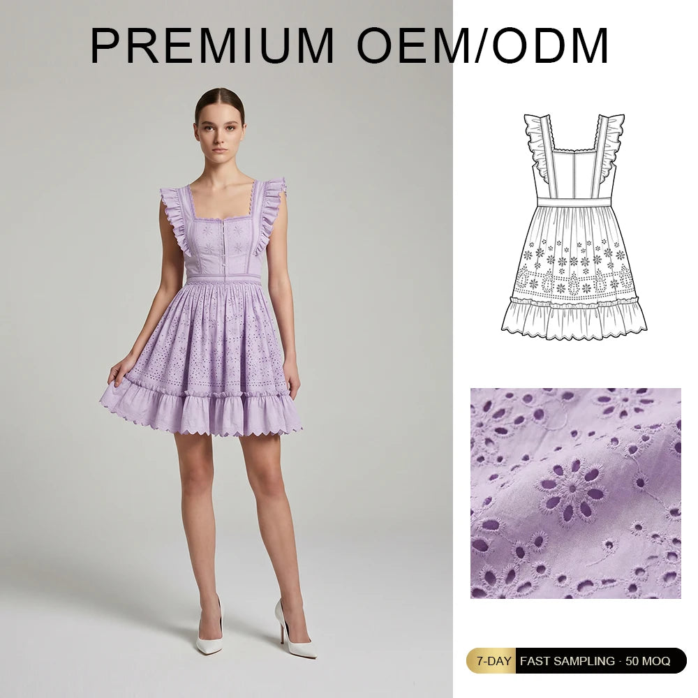 Brand Customization French Court Style Women's Casual Summer Short Dress square Neck Puff Sleeve Lace Waist Slimming Mini Dress