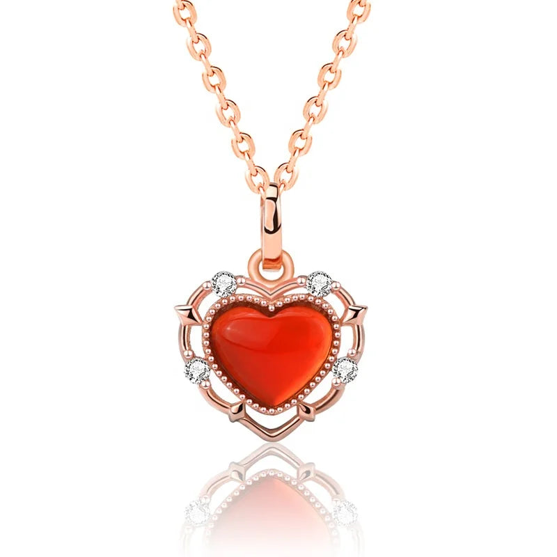Valentine's Day Ideas 2025 Love Gifts for Women Wife Crystal Gemstone Ruby Rose Gold Vintage Heart Pendant Silver Necklace