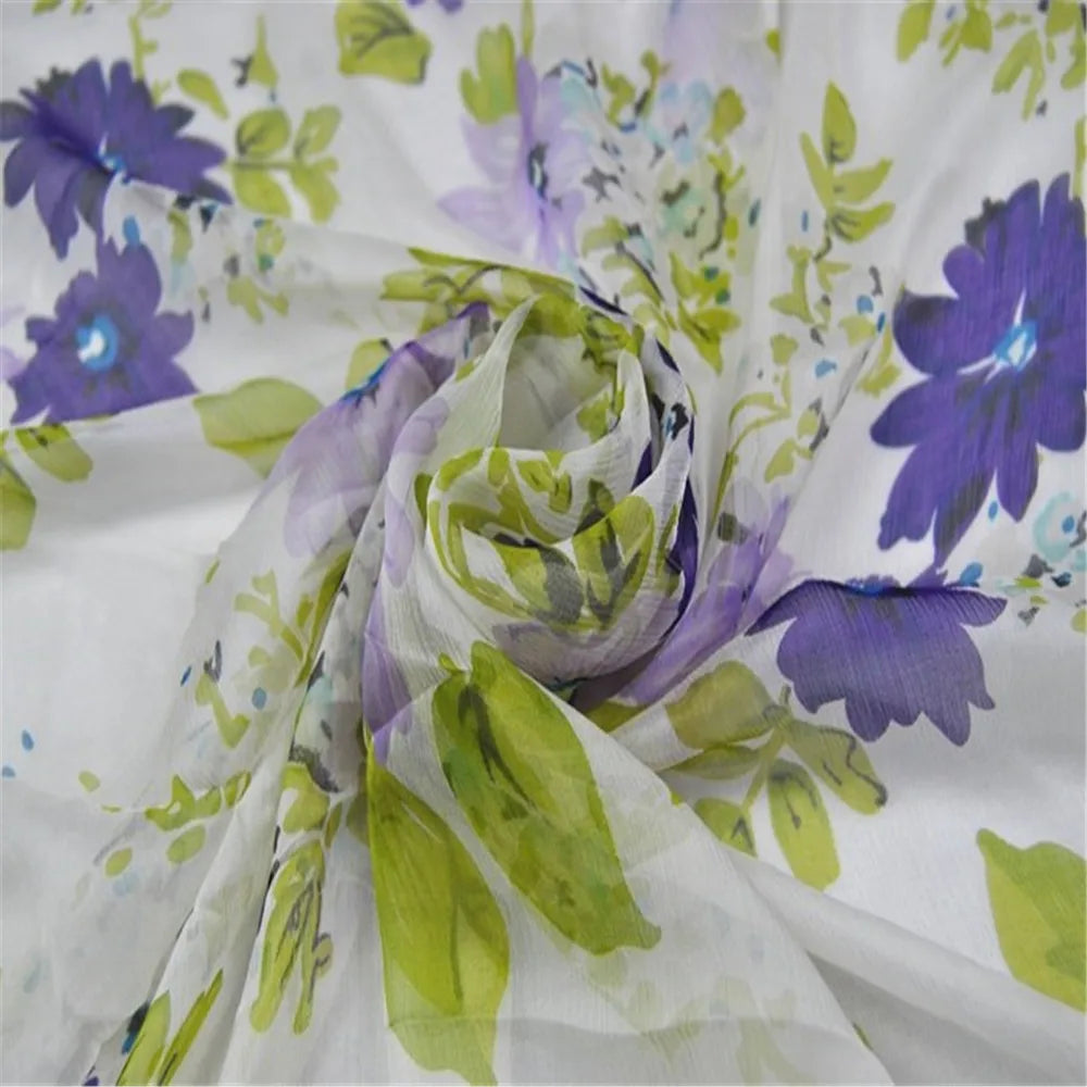 Transparent 100% Natural Silk Crinkle Chiffon Fabric in Light Color with Floral Print for Girl Spring Dress Clothes