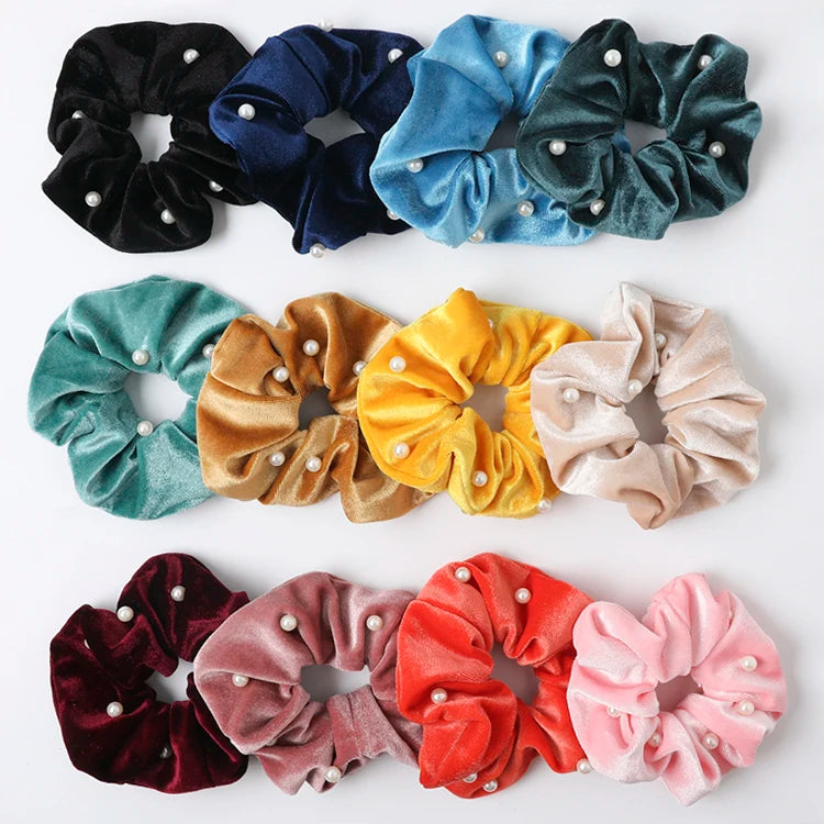 QIYUE Plain White Color Velvet Hair Scrunchies with Pearl Bead Elegant Hairbands