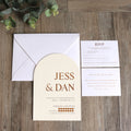 Custom Arch 5x7 Inches Embossed Beige Cotton Wedding Invitation Card with RSVP Details & Envelope