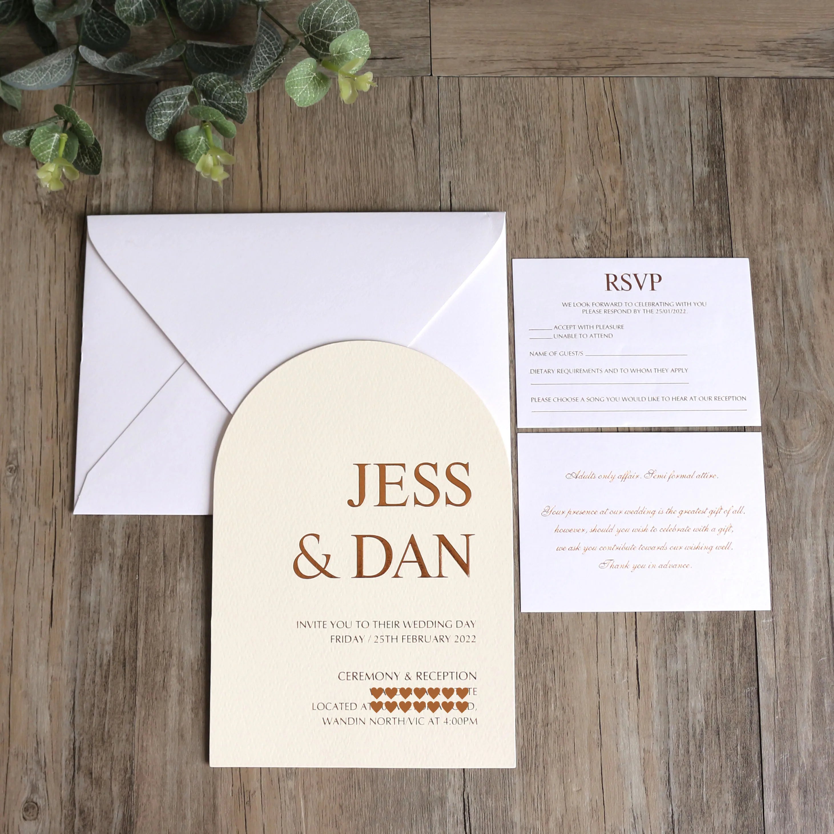 Custom Arch 5x7 Inches Embossed Beige Cotton Wedding Invitation Card with RSVP Details & Envelope