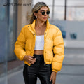 Button Cropped Puffer Jacket Adjustable Bottom Women Bubble Coat Leisure Short Cotton Padded Jacket