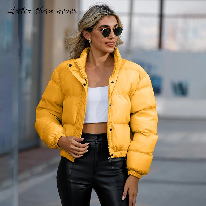 Button Cropped Puffer Jacket Adjustable Bottom Women Bubble Coat Leisure Short Cotton Padded Jacket