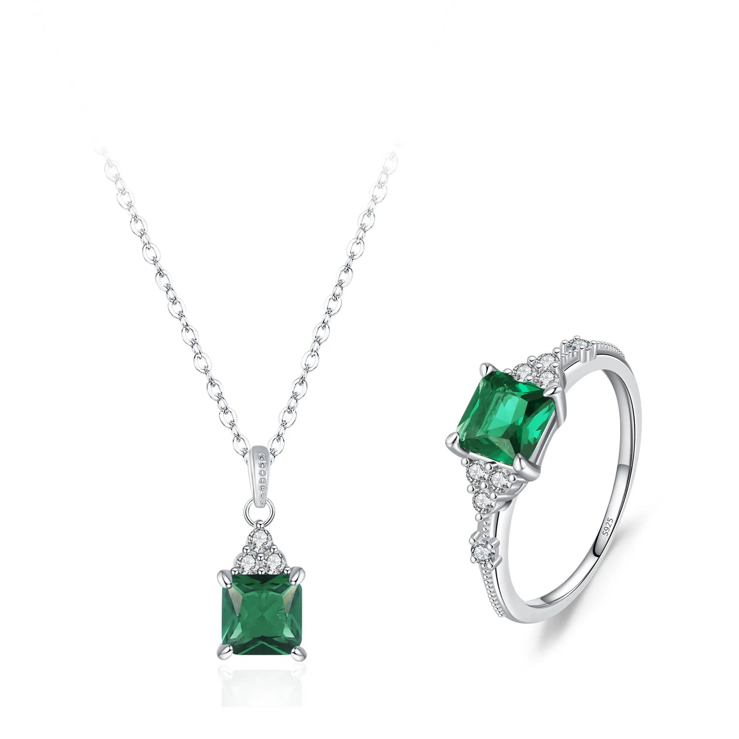 Exquisite Full Diamond Ring Necklace Two-Piece Set 925 Sterling Silver Green Zirconia CZ Square Gemstone Jewelry Set for Women