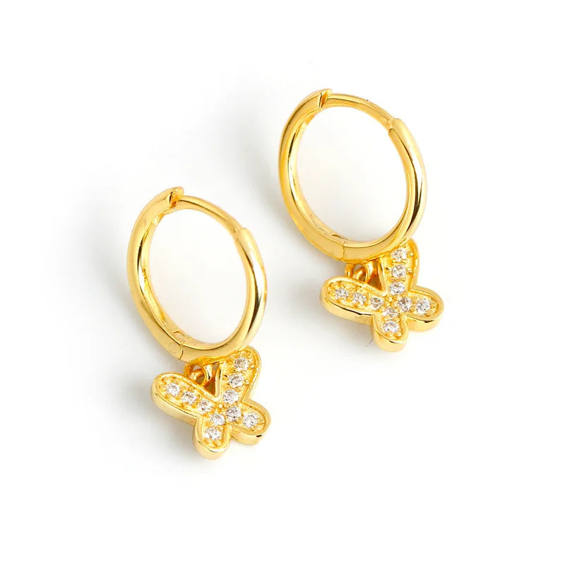 ZHILIAN Gold Plated Jewelry Butterfly Drop Dangle Hoop Huggie Earrings 925 Sterling Silver Women Earrings